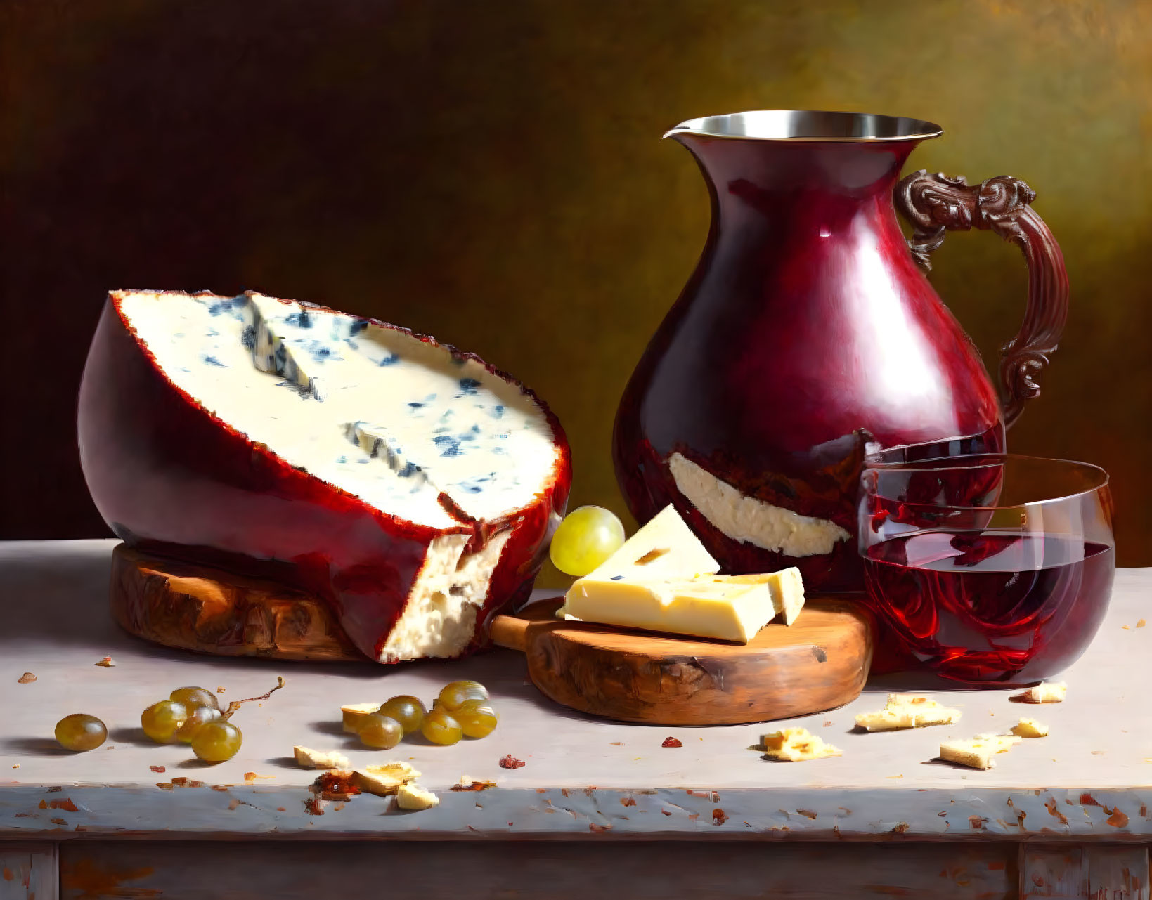 Still Life with Blue Cheese, Red Wine, Grapes, and Cheese Slices