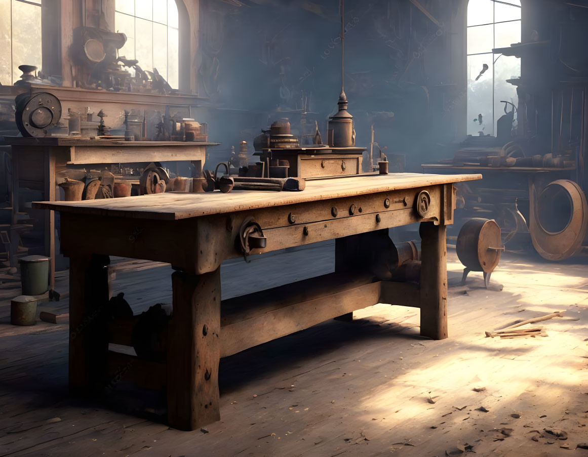 Sunlit woodworking workshop with workbench and tools.