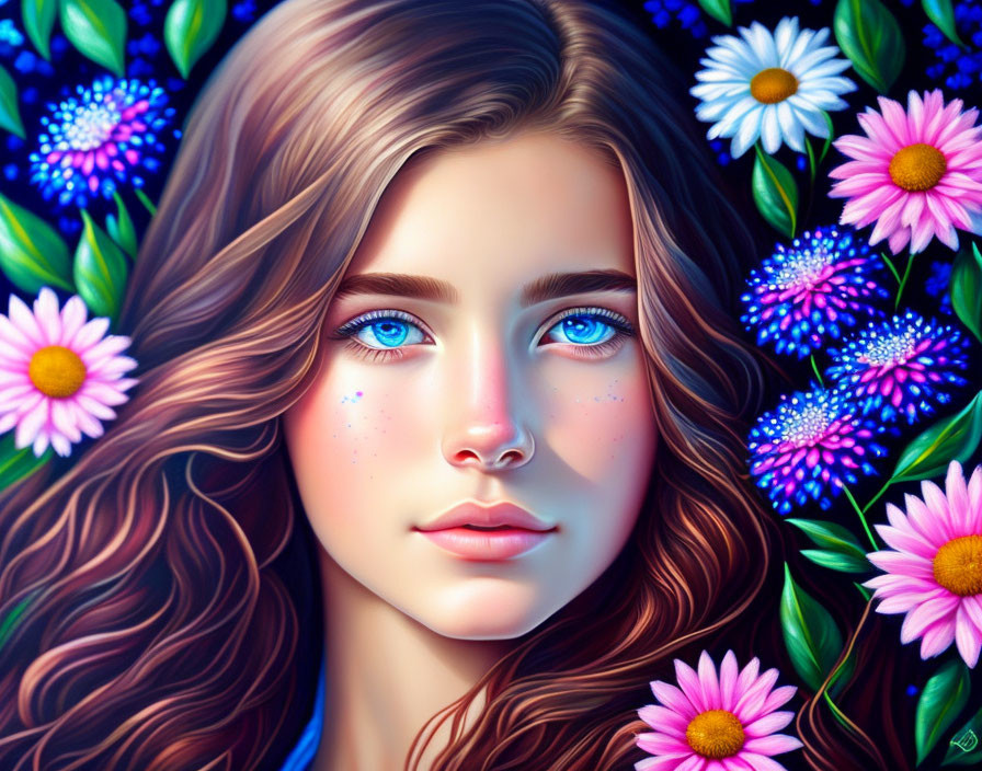 Vibrant digital art portrait of a woman with blue eyes and flowers