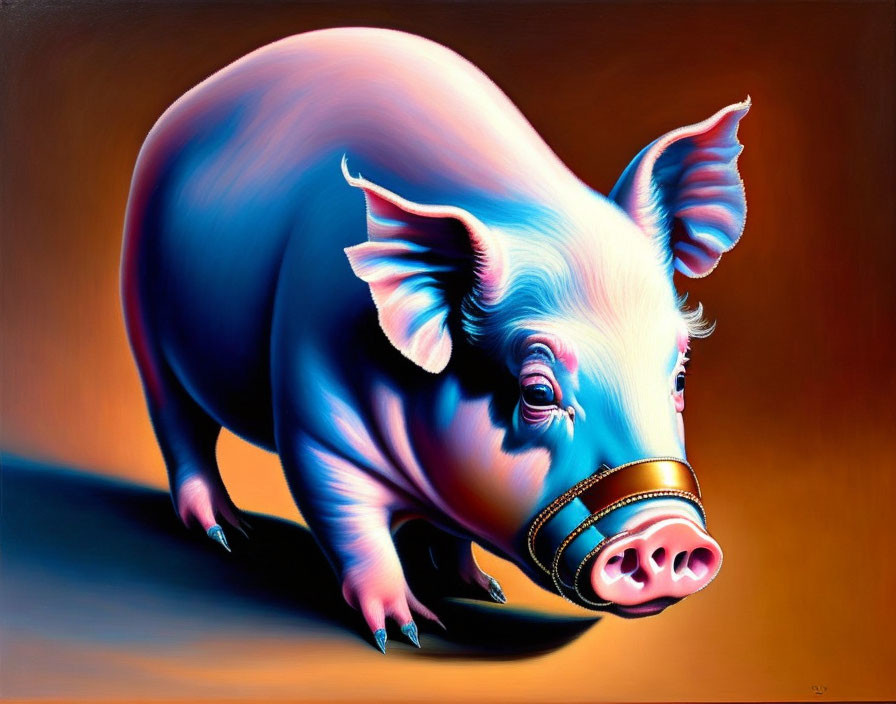 Stylized painting of a shiny-coated pig with nose ring on warm gradient backdrop