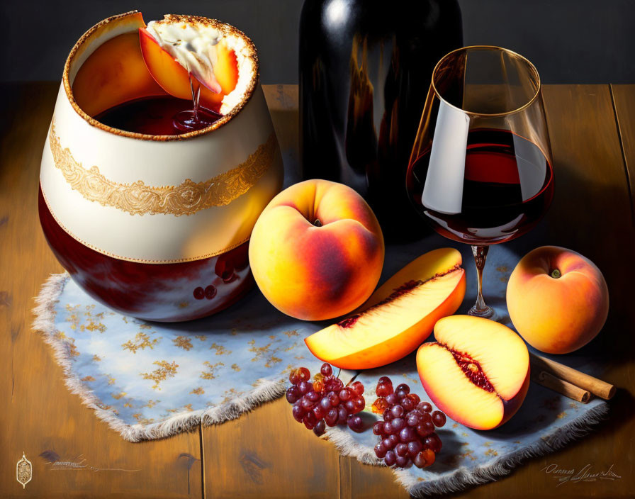 Classic Still Life with Peaches, Grapes, Wine, Pitcher, and Bottle