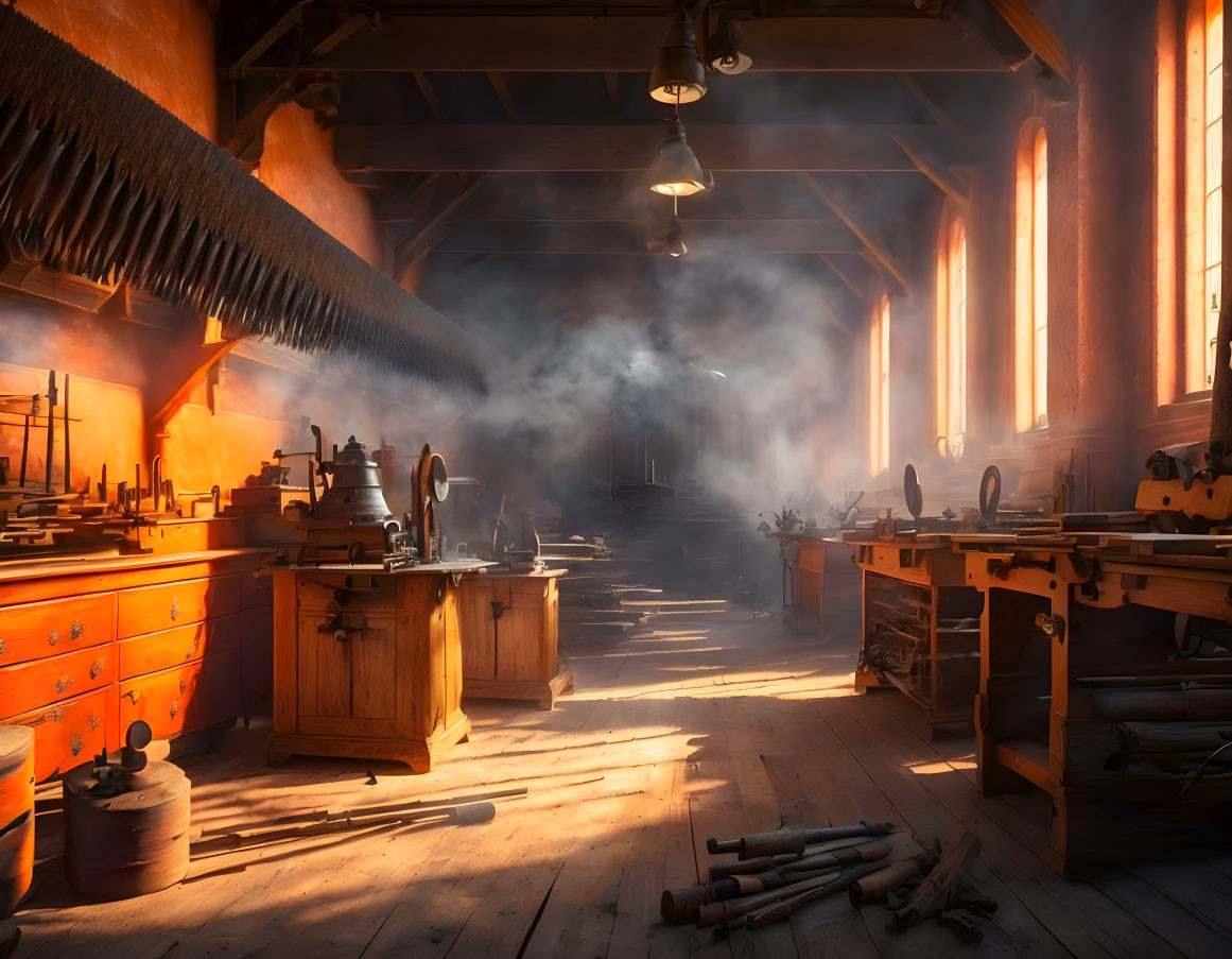 Sunlit Woodworking Shop with Equipment and Sawdust