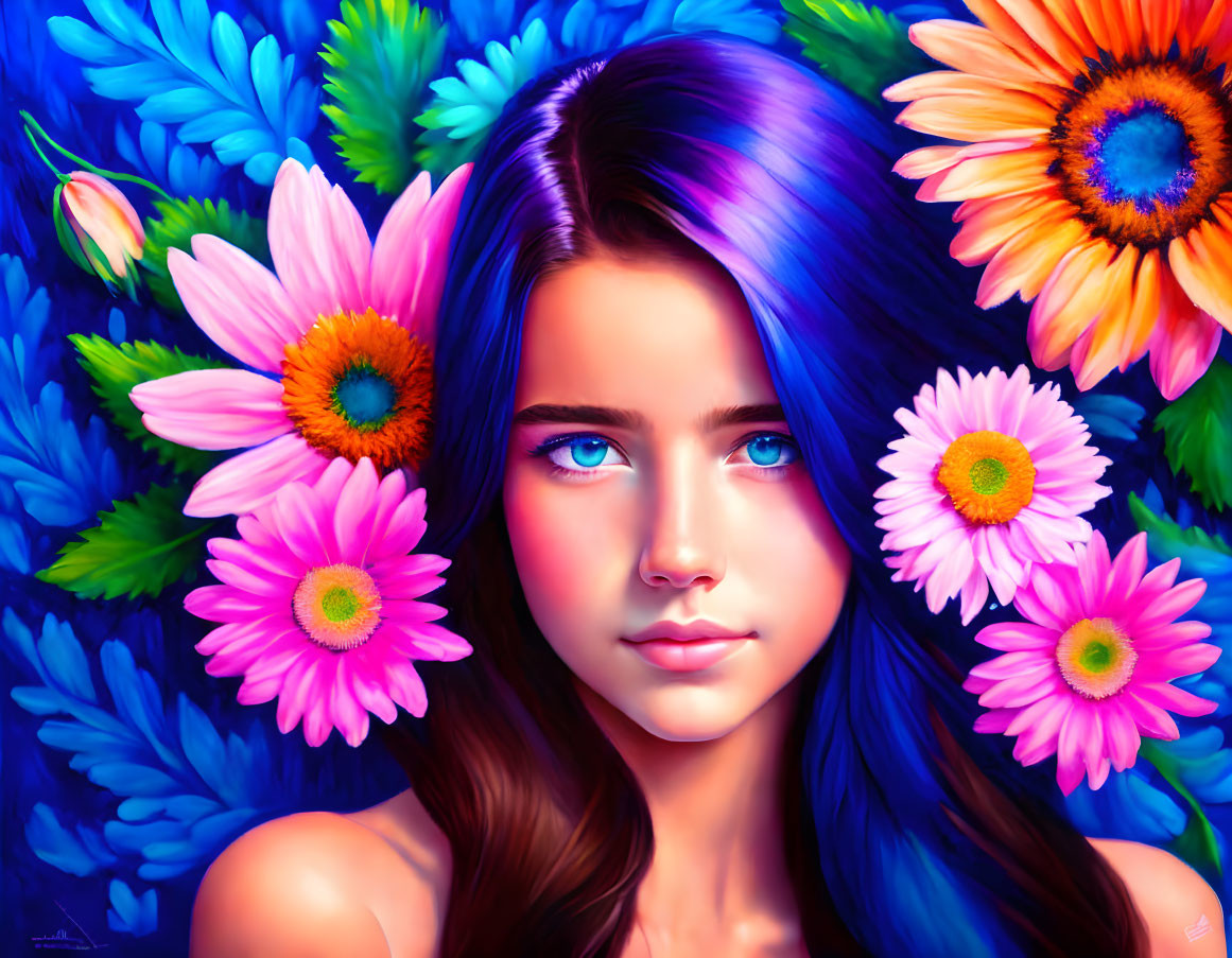 Colorful portrait of young woman with blue hair and flowers.