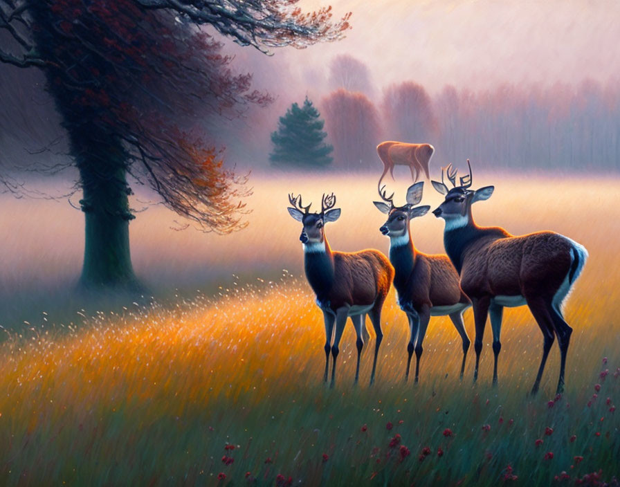 Misty meadow twilight scene with three deer