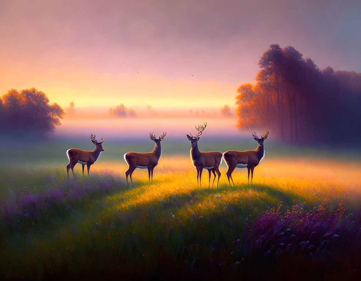 Four deer in misty purple meadow at sunrise with foggy tree line.