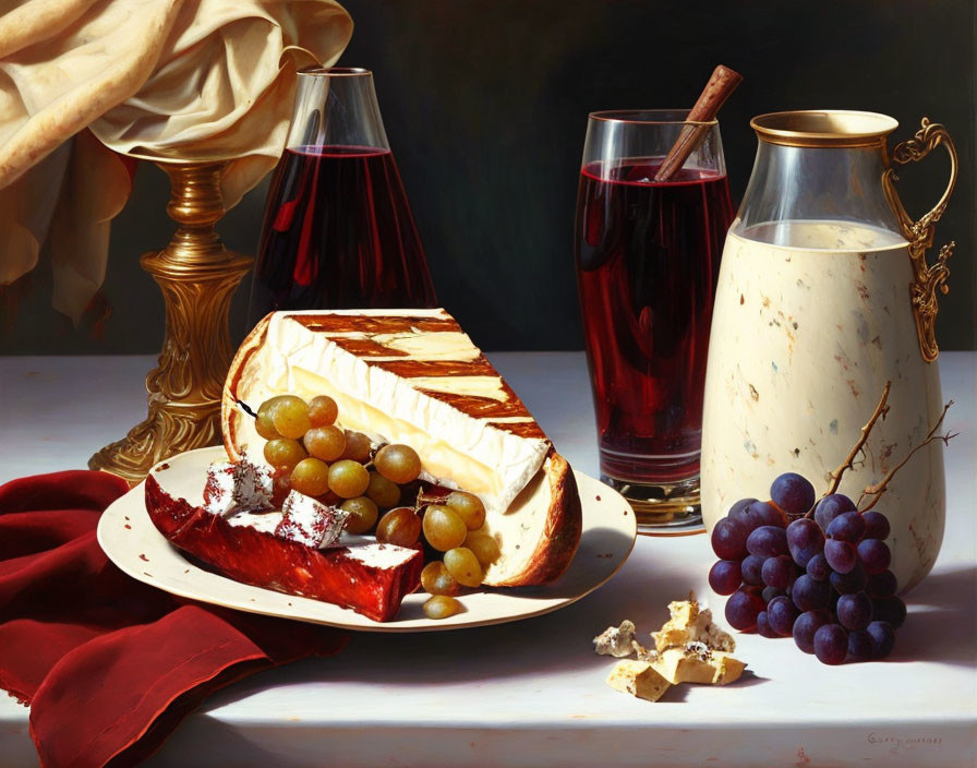 Classic Still Life Painting with Cheese, Grapes, Milk Pitcher, and Red Wine