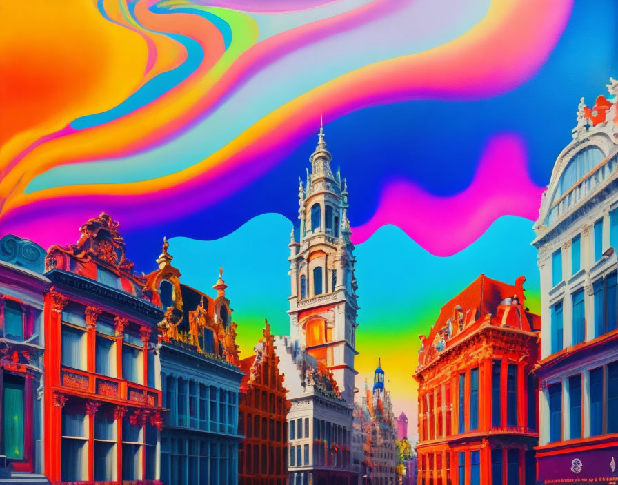 Colorful surreal cityscape with rainbow swirl above European architecture.