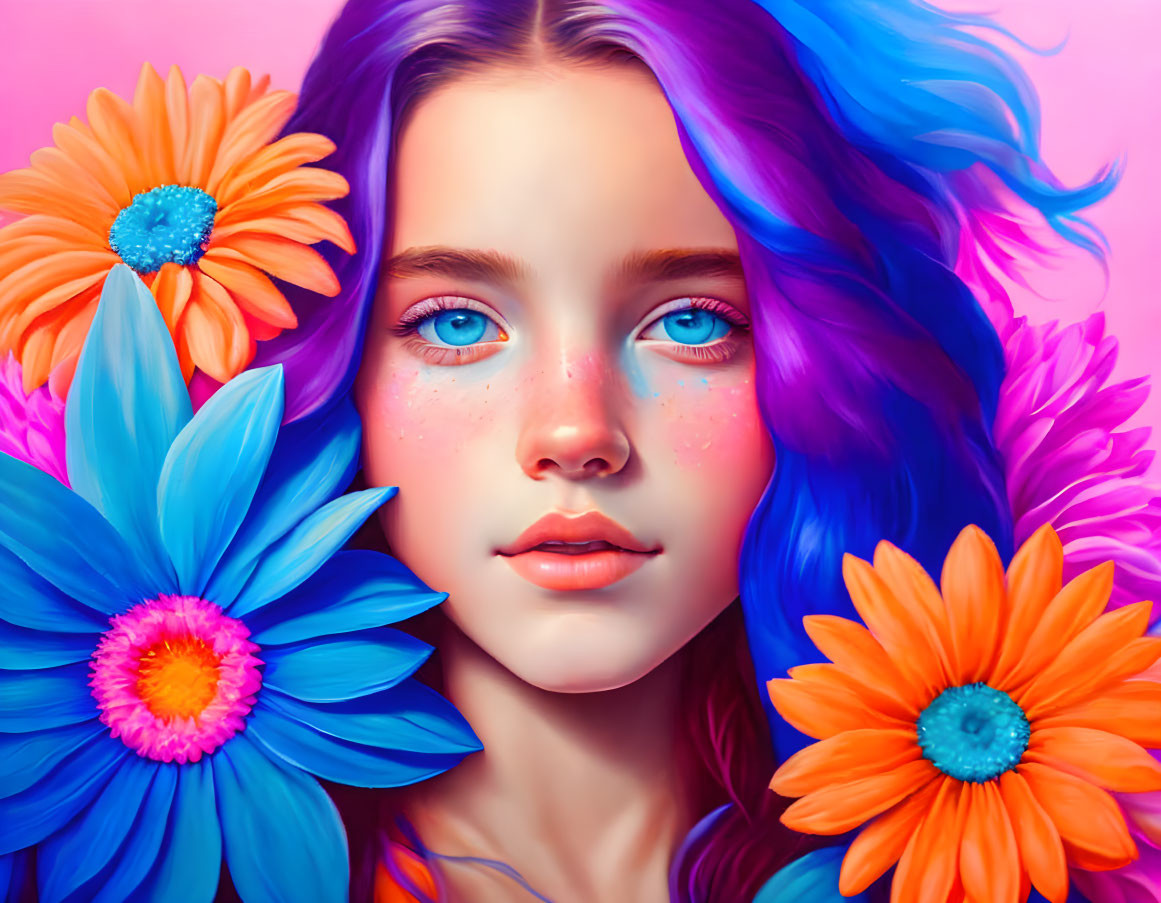 Colorful portrait of a girl with blue hair and eyes among vibrant flowers.