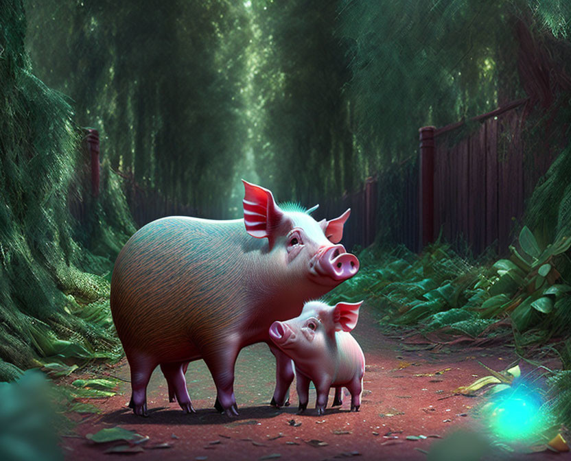 Stylized digital artwork featuring two pigs in a mystical forest.