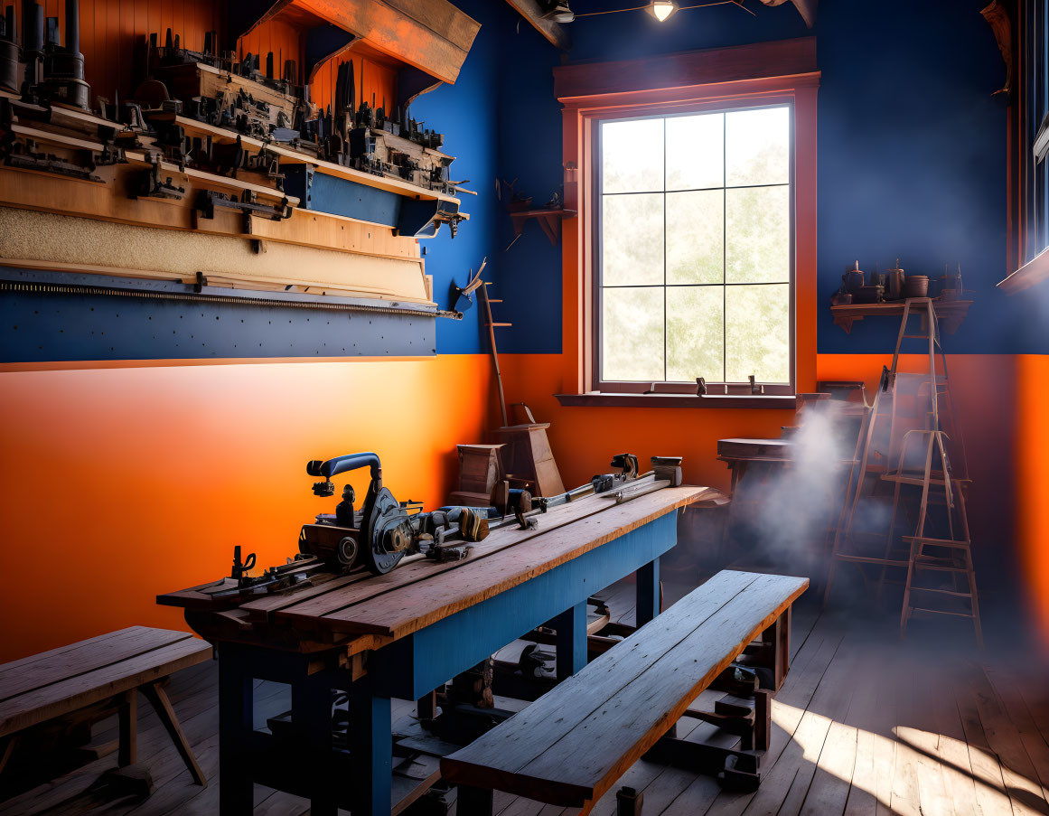 Organized woodworking shop with hand tools, workbench, sawdust, and sunlight