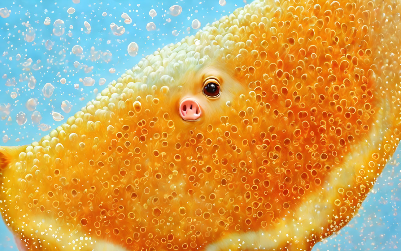 Unique Pig-Fish Hybrid Illustration with Bubbles on Blue Background