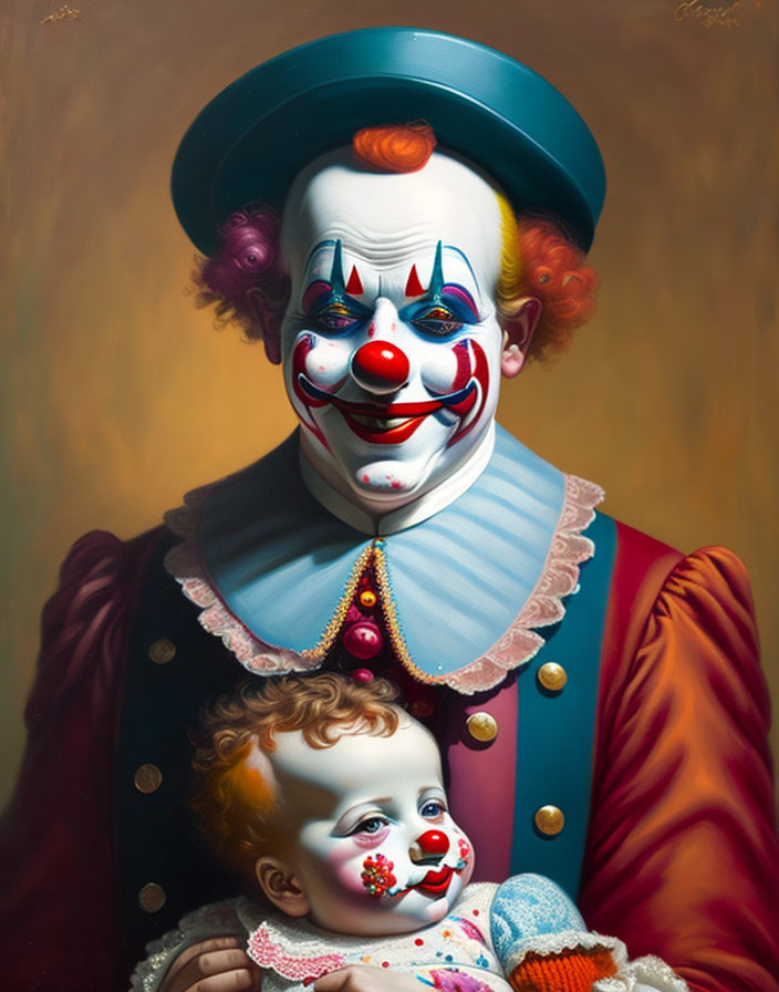 Vibrant painting of clown with child in colorful attire