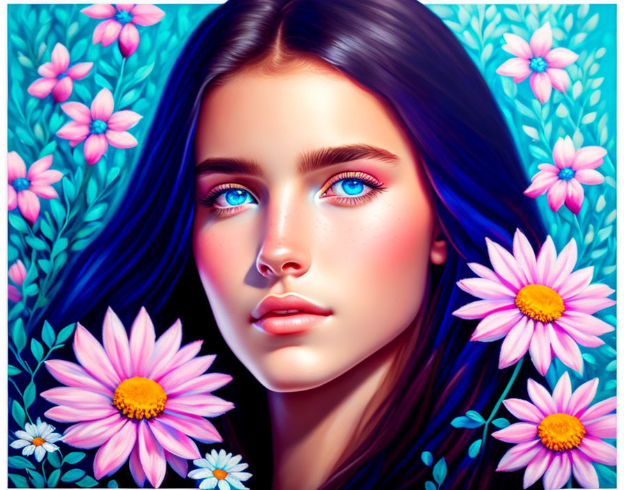 Digital portrait of woman with blue eyes and long hair among pink flowers and greenery