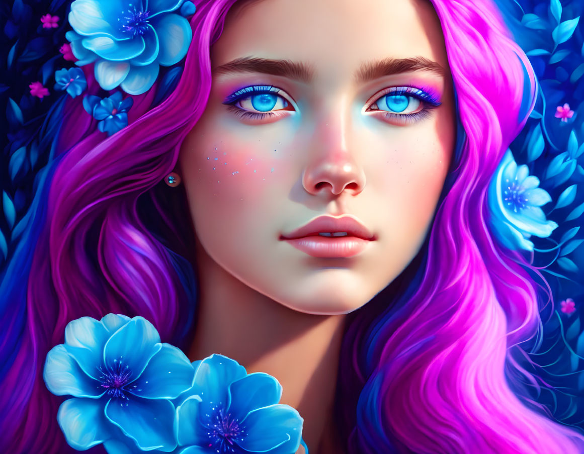 Colorful illustration of person with blue eyes and pink hair in fantasy setting