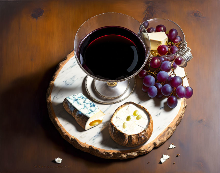 Red wine with cheese, crackers, grapes on marble serving board