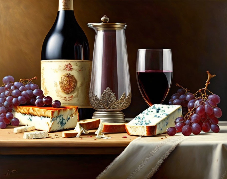 Red Wine, Cheese, Grapes, and Carafe on Wooden Surface