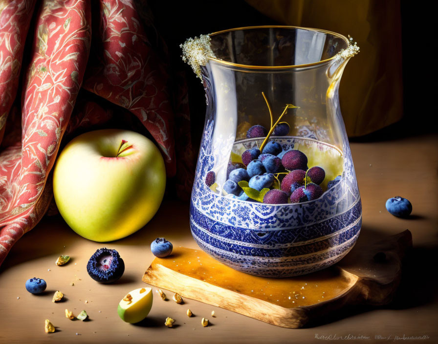 Patterned glass jug with berries, green apple, and soft light on wooden board