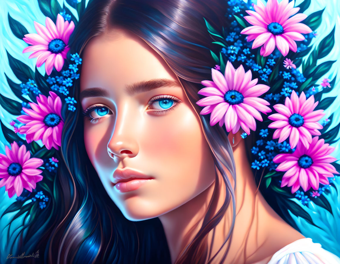 Young woman with blue eyes and long hair among vibrant pink flowers on blue backdrop