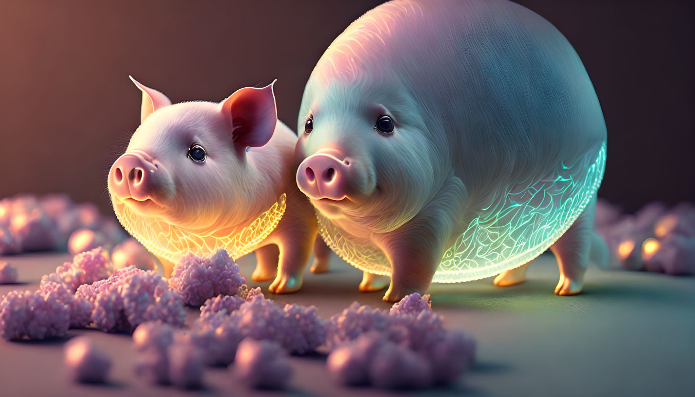 Stylized illuminated pigs in pink blossoms with glowing patterns