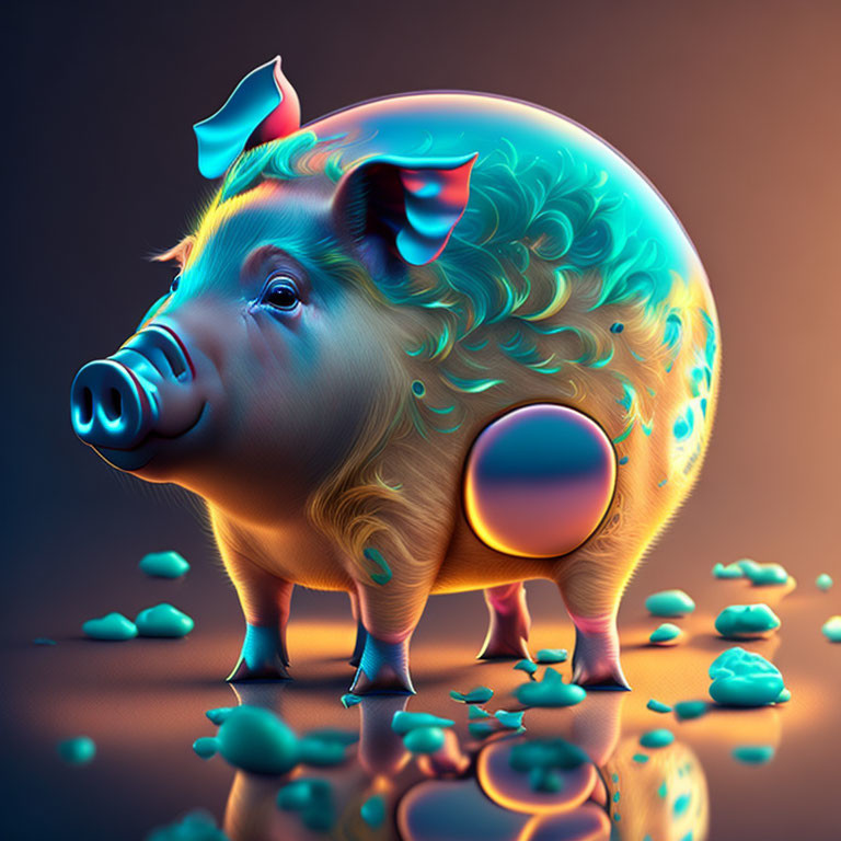 Colorful pig art with glossy finish and blue accents in puddles