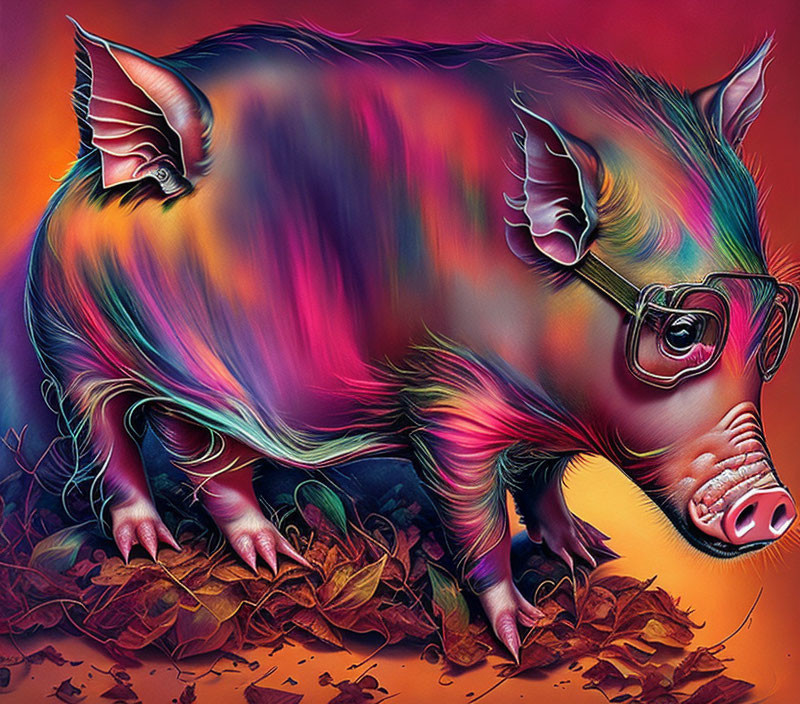 Colorful Pig with Wings and Glasses on Vibrant Background