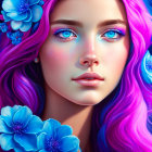 Colorful illustration of person with blue eyes and pink hair in fantasy setting