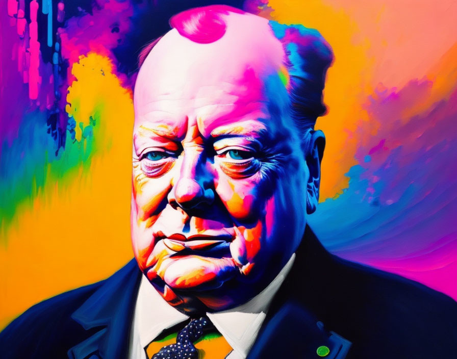 Colorful Pop Art-Style Portrait of Serious Gentleman in Black Suit