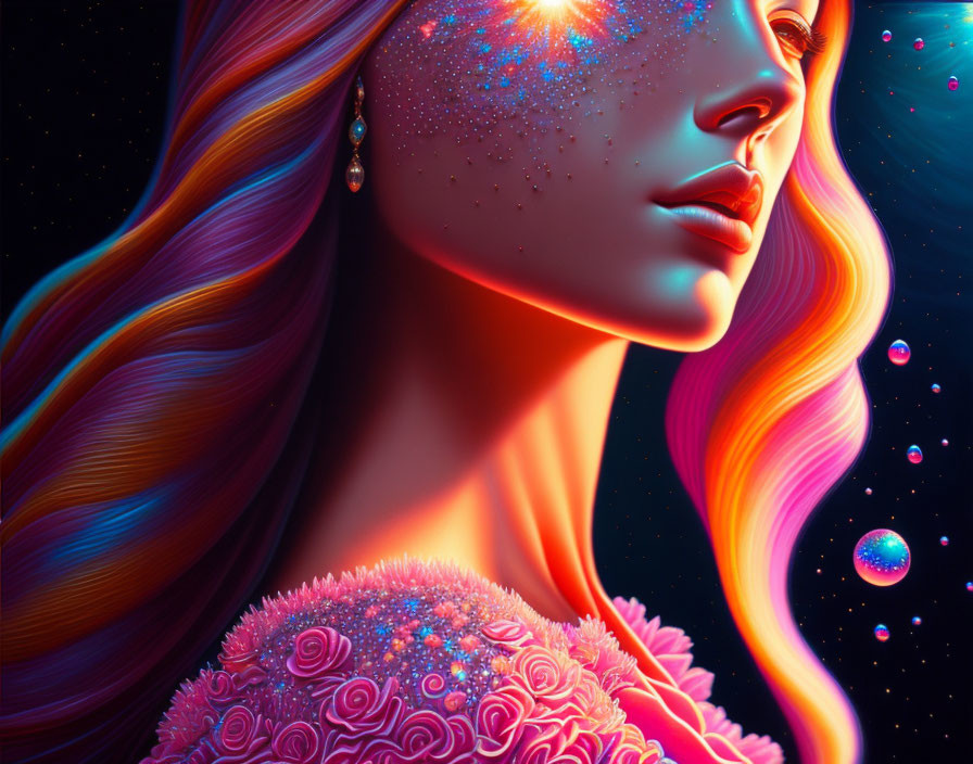 Multicolored hair and cosmic skin woman with glowing freckles and rose dress under starry sky