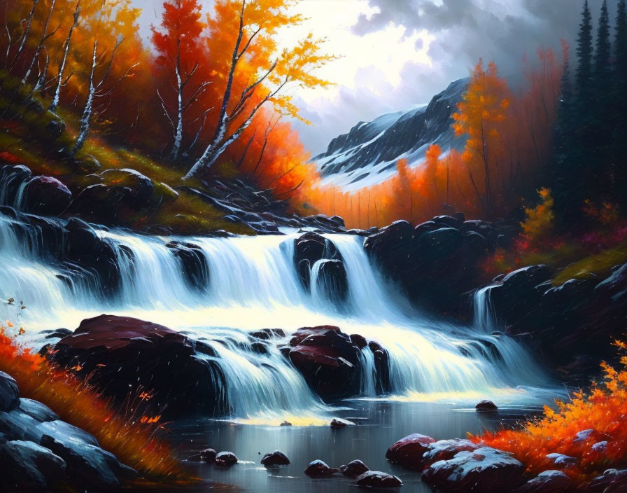 Scenic autumn landscape with waterfall and colorful foliage