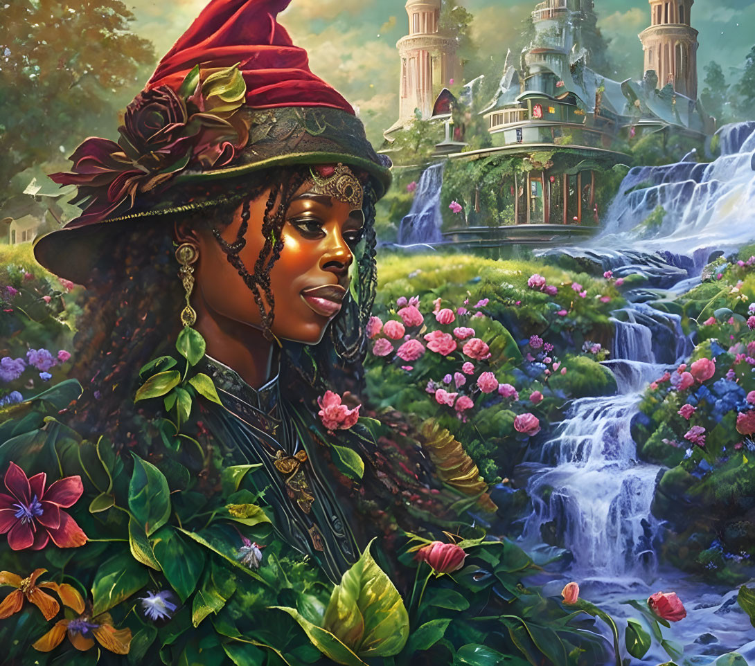 Woman in leaf-patterned outfit with wide-brimmed hat in fantastical landscape