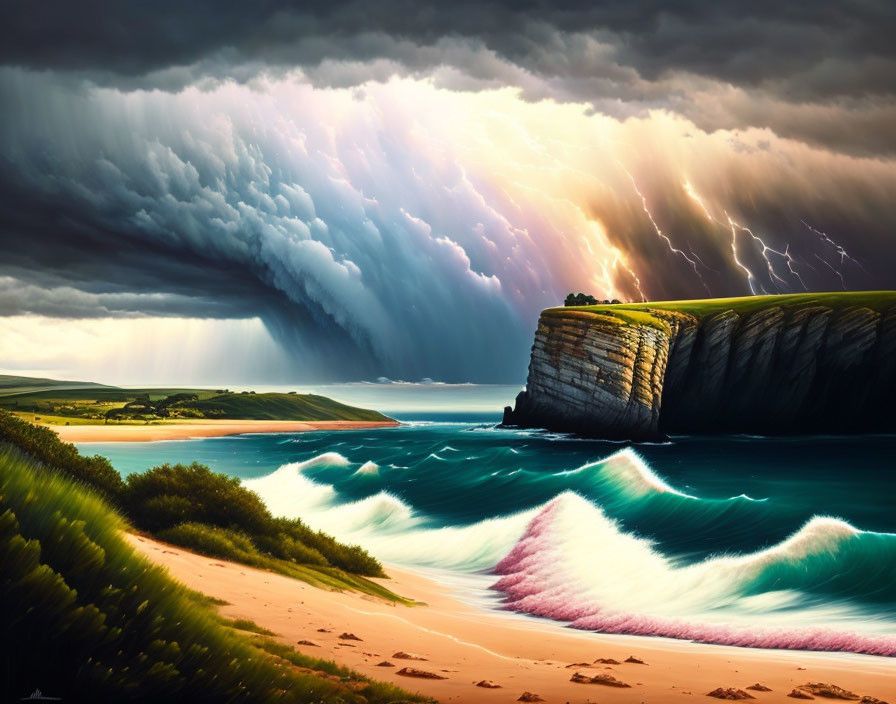 Dramatic coastal scene: towering cliffs, stormy sky, lightning, greenery, turquoise waves