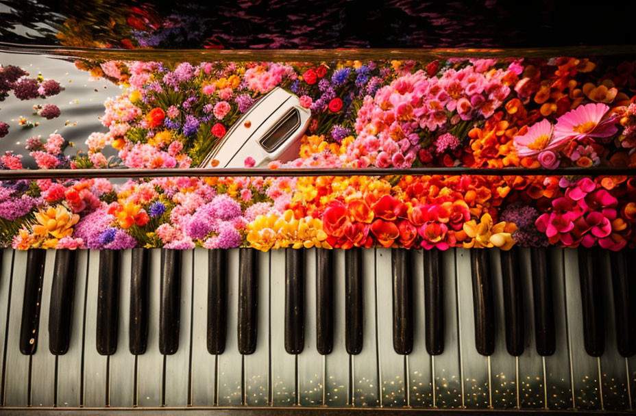 Flowers on top panel of piano with black and white keys