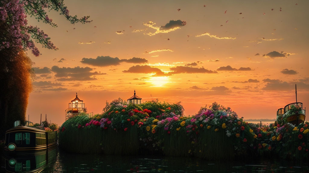 Tranquil sunset over waterway with moored boat, vibrant flowers, lighthouse, and birds