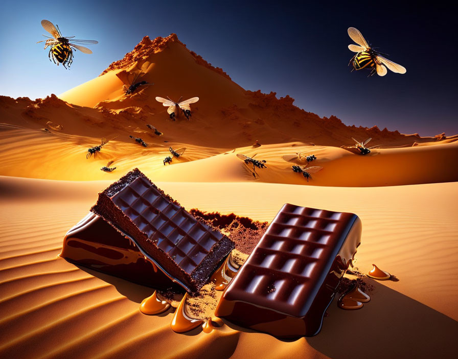 Surreal desert landscape with melting chocolate bars and giant bees