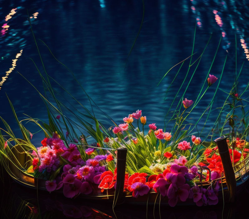 Colorful tulips and flowers in a boat on serene blue water with green grass.