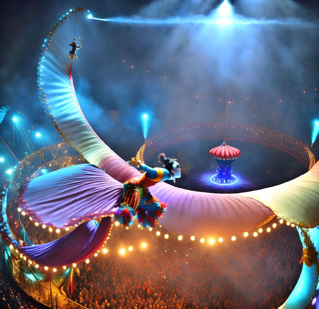 Vibrant circus arena with trapeze performer, spotlights, and audience tent