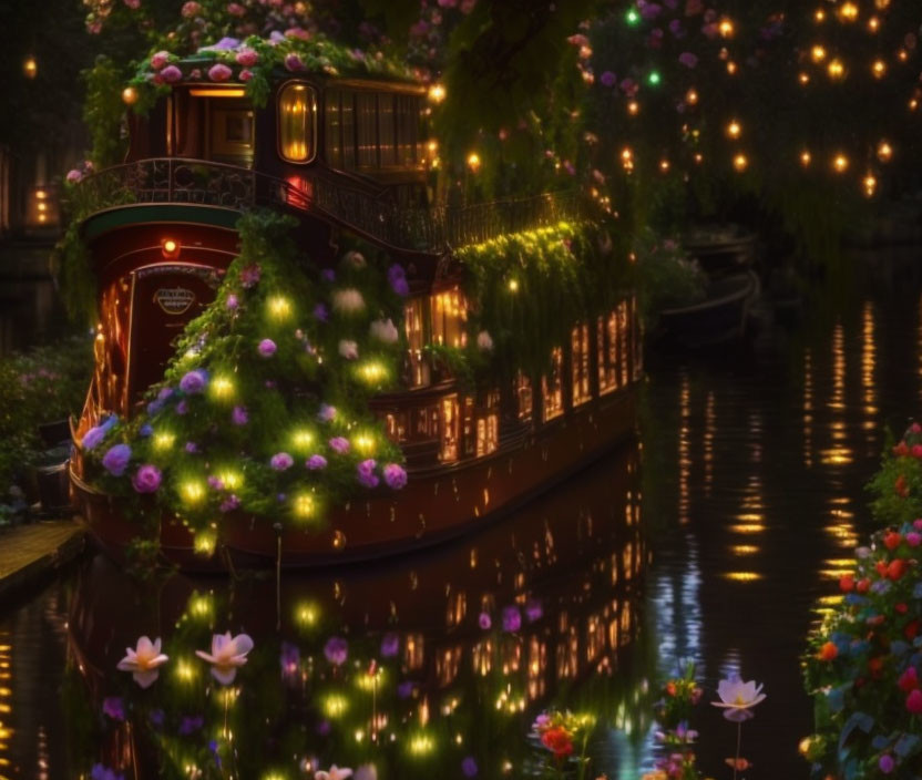 Illuminated boat with twinkling lights on flower-lined canal