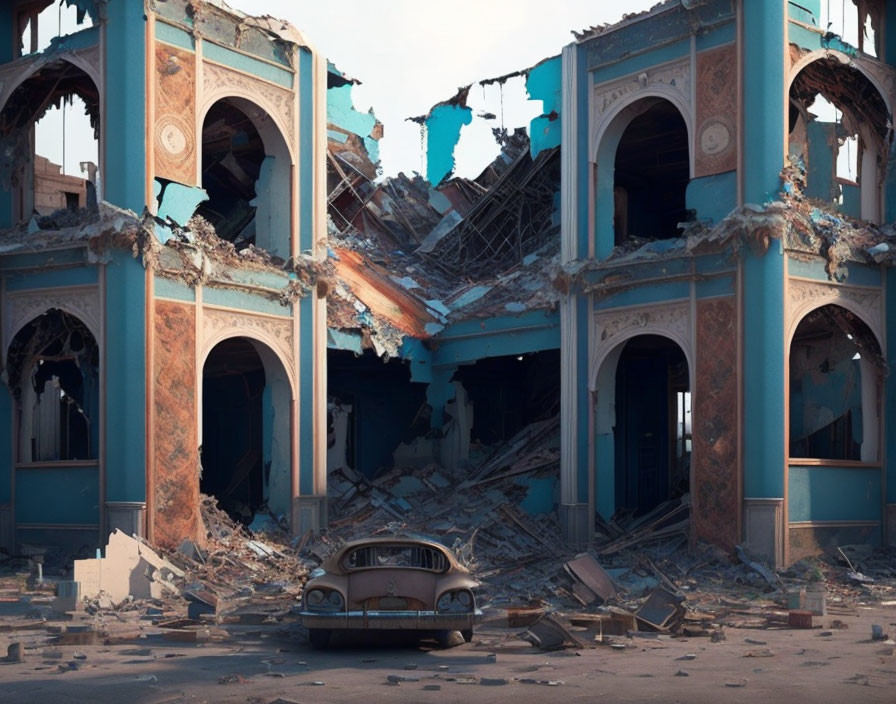 Abandoned car in rubble of collapsed building with ornate arches