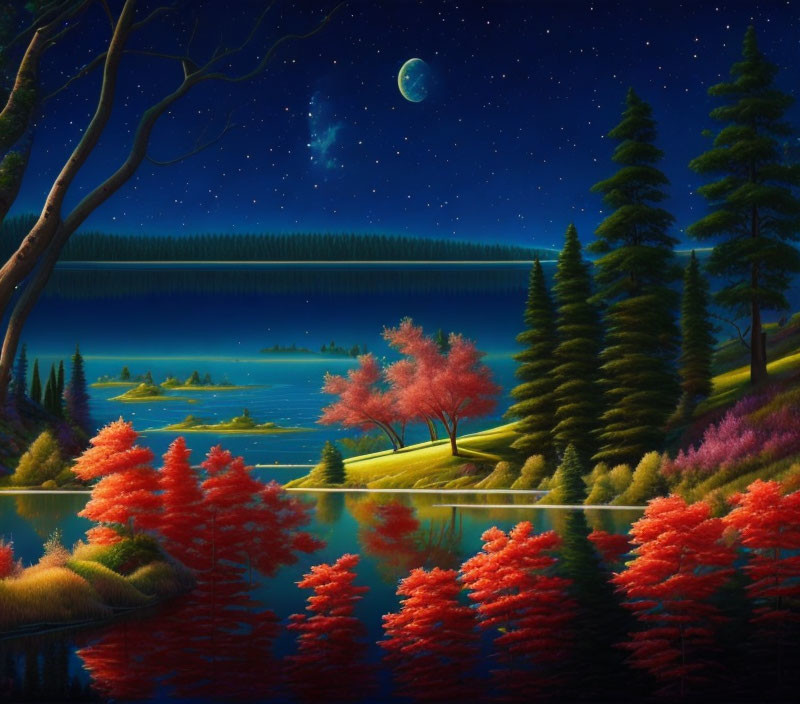 Tranquil night landscape: starry sky, crescent moon, colorful trees, calm lake,