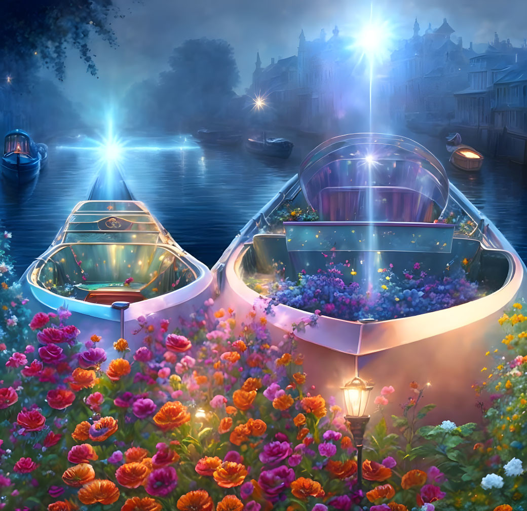 Night scene: Glass boats with flowers on river near vintage buildings.