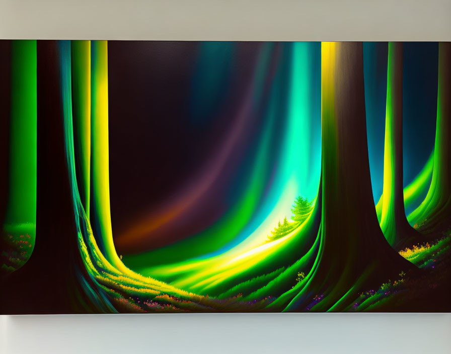 Mystical forest scene with vibrant green lights and solitary pine tree