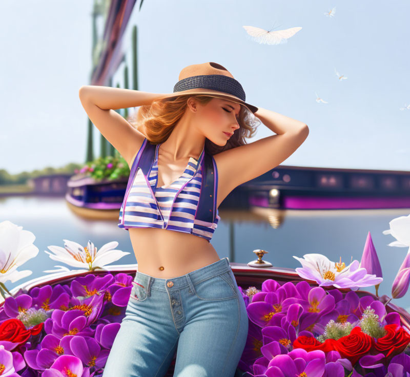 Fashionable woman in striped crop top and jeans surrounded by vibrant flowers near riverboat and bridge under sunny