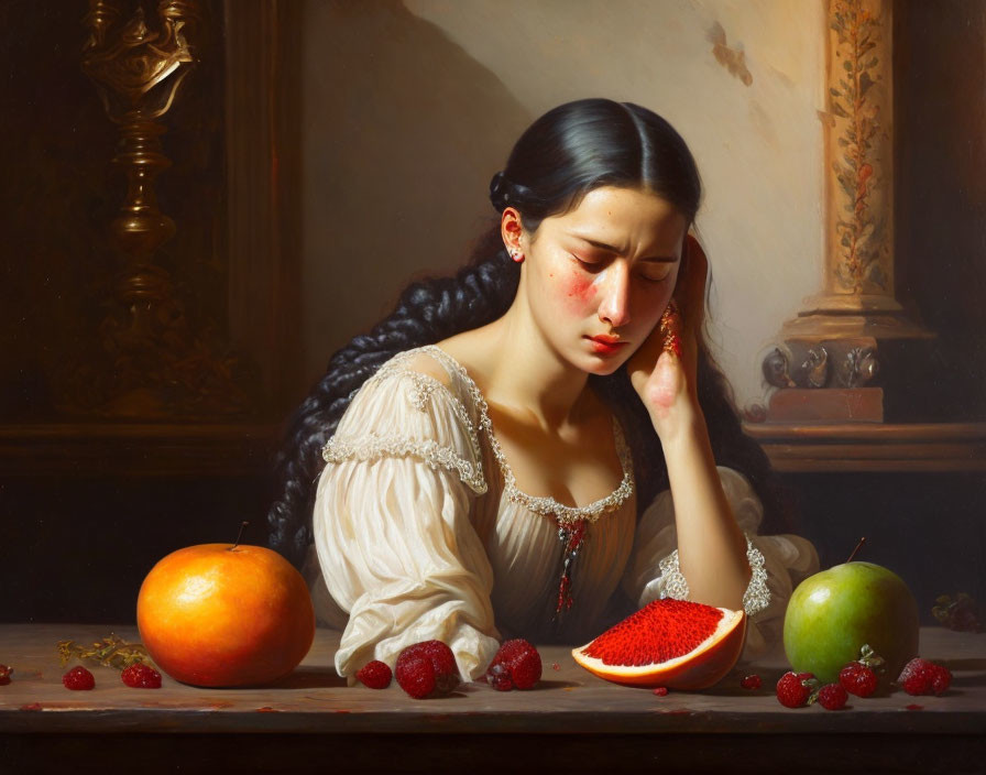 Pensive woman in period clothing at table with fruit in classical painting