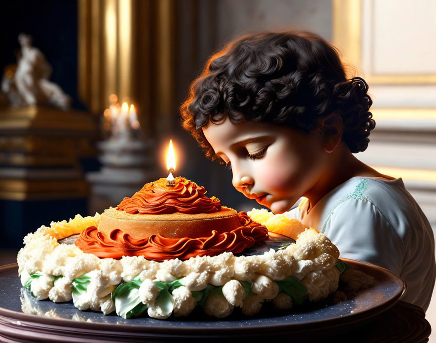 Curly-haired child looking at lit candle on decorated cake in ornate room