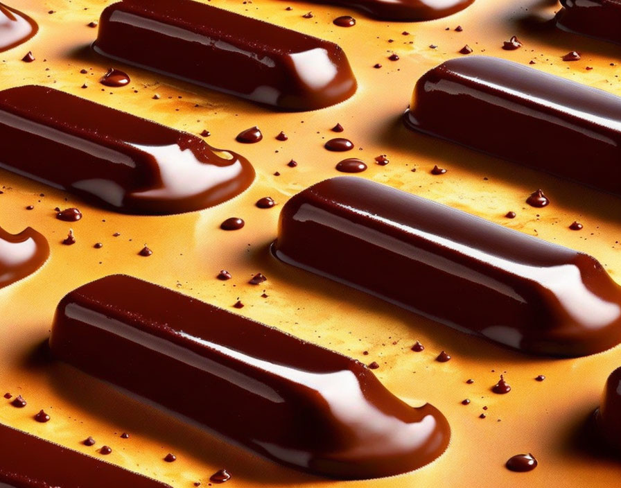 Golden background with melting chocolate bars and scattered drops.