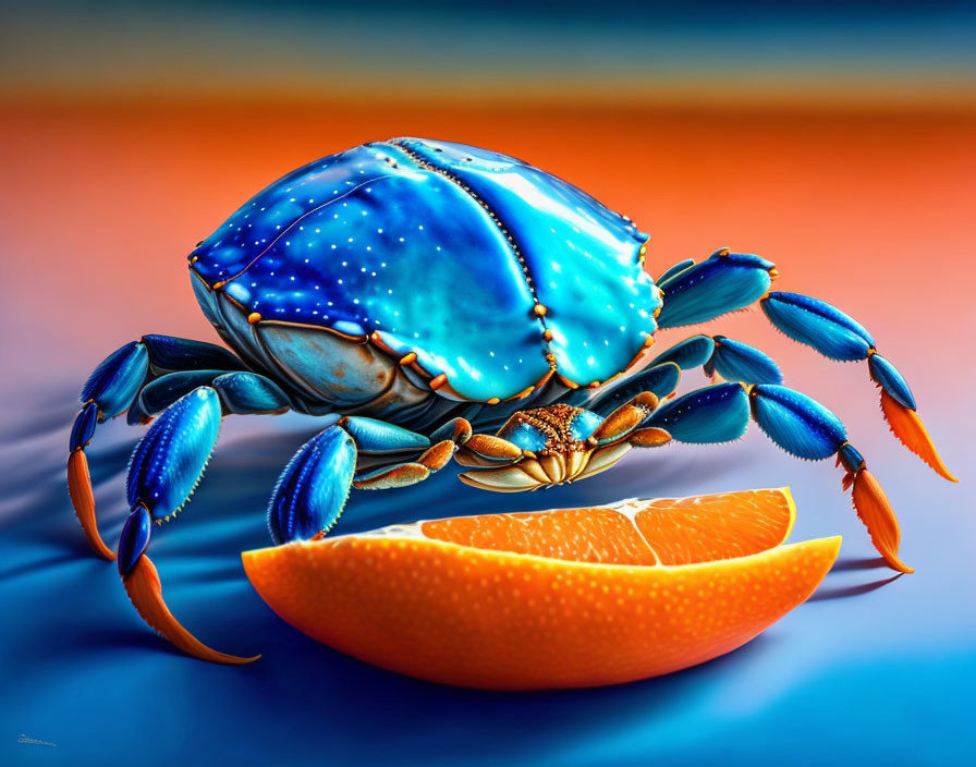 Neon blue crab with starry patterns and orange slice on gradient background