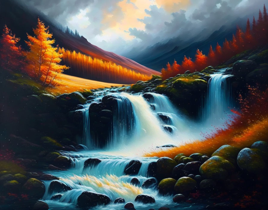 Tranquil autumn waterfall scene with misty mountains