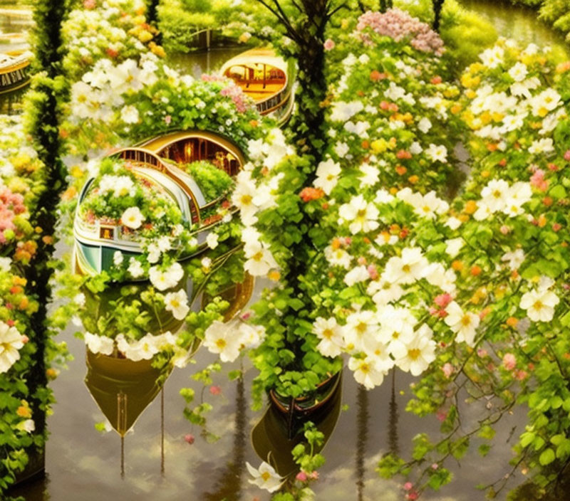 Gondolas surrounded by blooming flowers and greenery in calm water