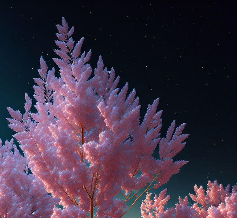 Vibrant pink foliage tree under dark blue starry sky