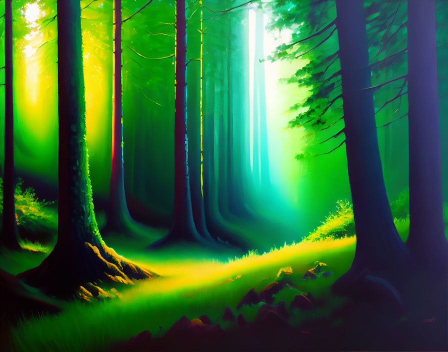 Forest painting with sunbeams illuminating green foliage